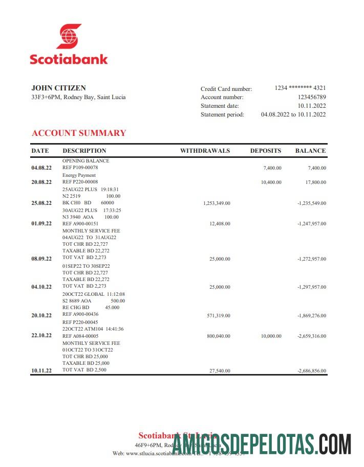 Exemplo de extrato bancário Xls do Scotiabank de Santa Lúcia